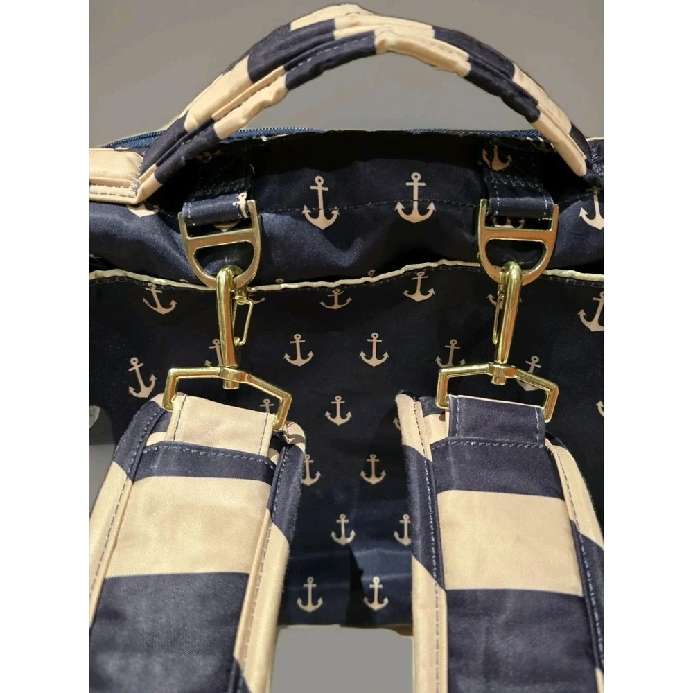 JuJuBe Commodore Tan Navy Size Large Nautical Anchor Stripes Diaper Bag Travel